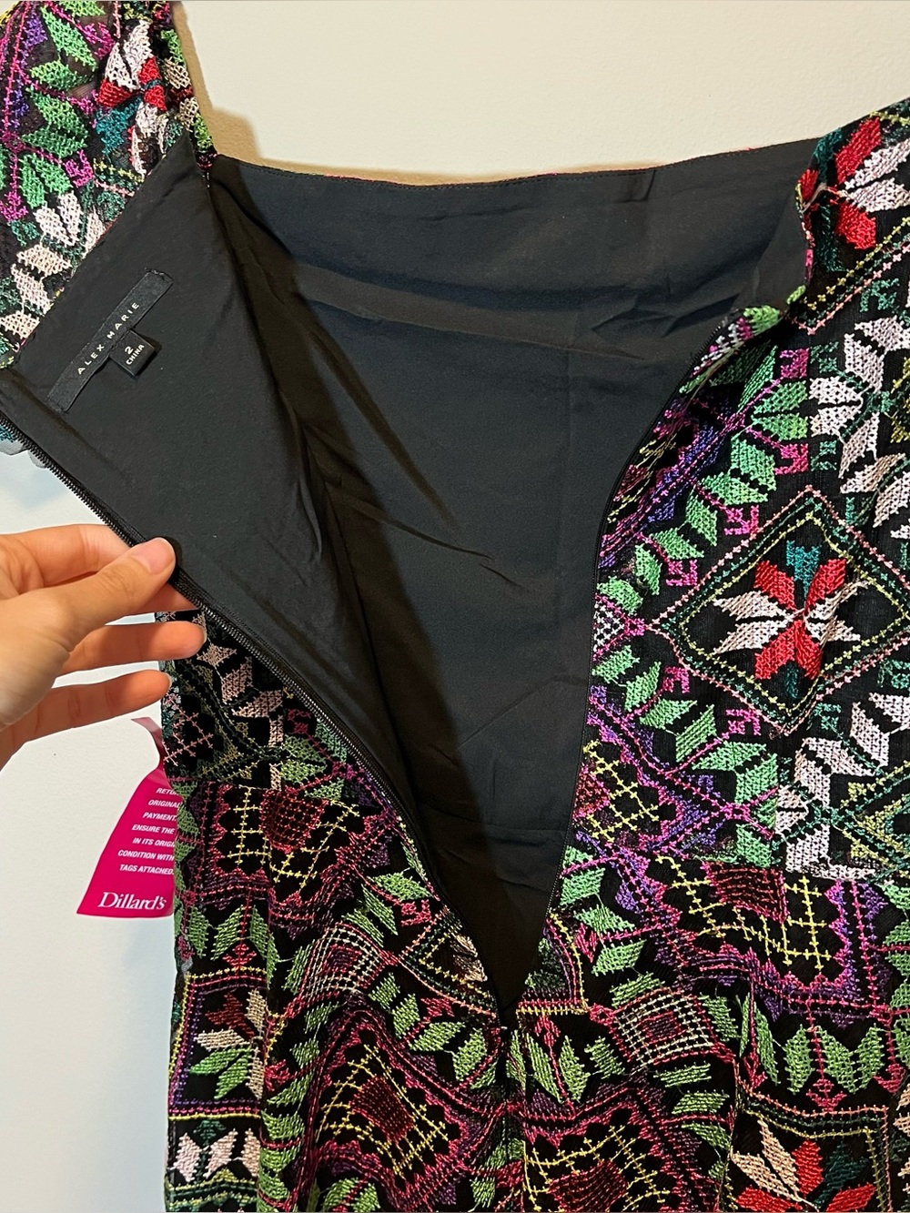 Alex Marie Veronica Embroidered Dress Black Purple Square Neck Asymmetrical Hem - Picture 9 of 11